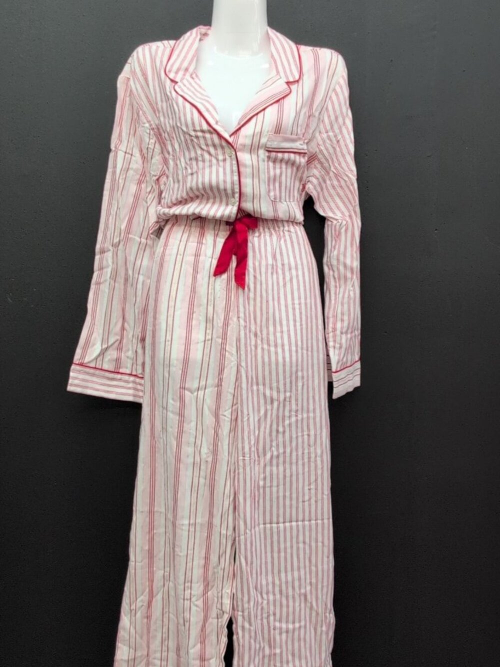 Victoria Secret Flannel Long Pajama Set 2 Piece Medium Red White Stripes